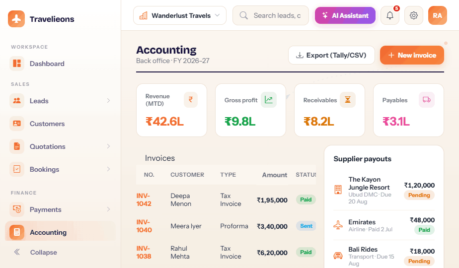 Payments & receipts — received, outstanding and overdue at a glance.
